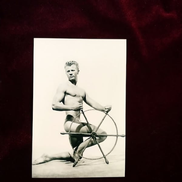 Vintage Blond Bodybuilder w/ wheel Gay int photo printed 1990 fit beefcake muscular physique male guy picture bubble butt jock bulge #B4