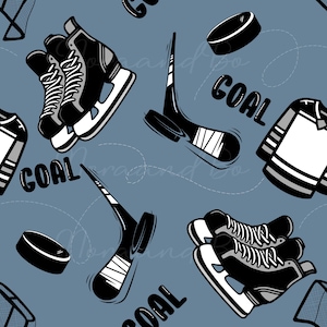 May include: A repeating pattern on a blue background featuring black and white hockey equipment. The design includes hockey skates, pucks, sticks, and jerseys. The word "GOAL" is also incorporated into the design. This pattern is suitable for sports-themed products.