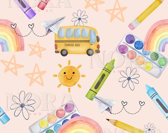 Padrão escolar infantil em tons pastel sem costura, papel digital para volta às aulas, design fofo para sublimação em sala de aula, estampa para tecido com material escolar, instantâneo