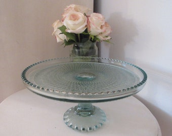 Antique Pale Blue Harp Details Glass Cake Pedestal Stand