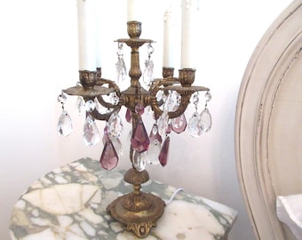 Antique French Gilt Ornate Girandole Lamp Clear And Amythest Prisms