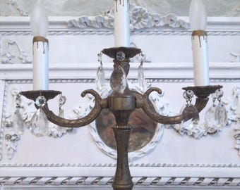 Antique French Girandole Crystals Prisms Ornate Gilded Lamp