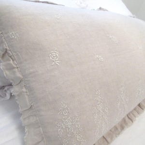 Rachel Ashwell Shabby Chic Couture Linen Ruffled Embroidered Roses Body Pillow