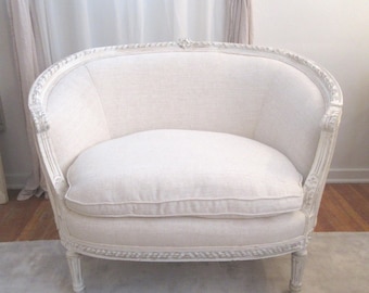 Ornate French Painted Linen Settee With Roses Carvings~NO FREE SHIPPING~