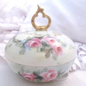 Antique Hand Painted Shabby Pink Roses Lidded Jar