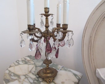Antique French Gilt Ornate Girandole Lamp Clear And Amythest Prisms
