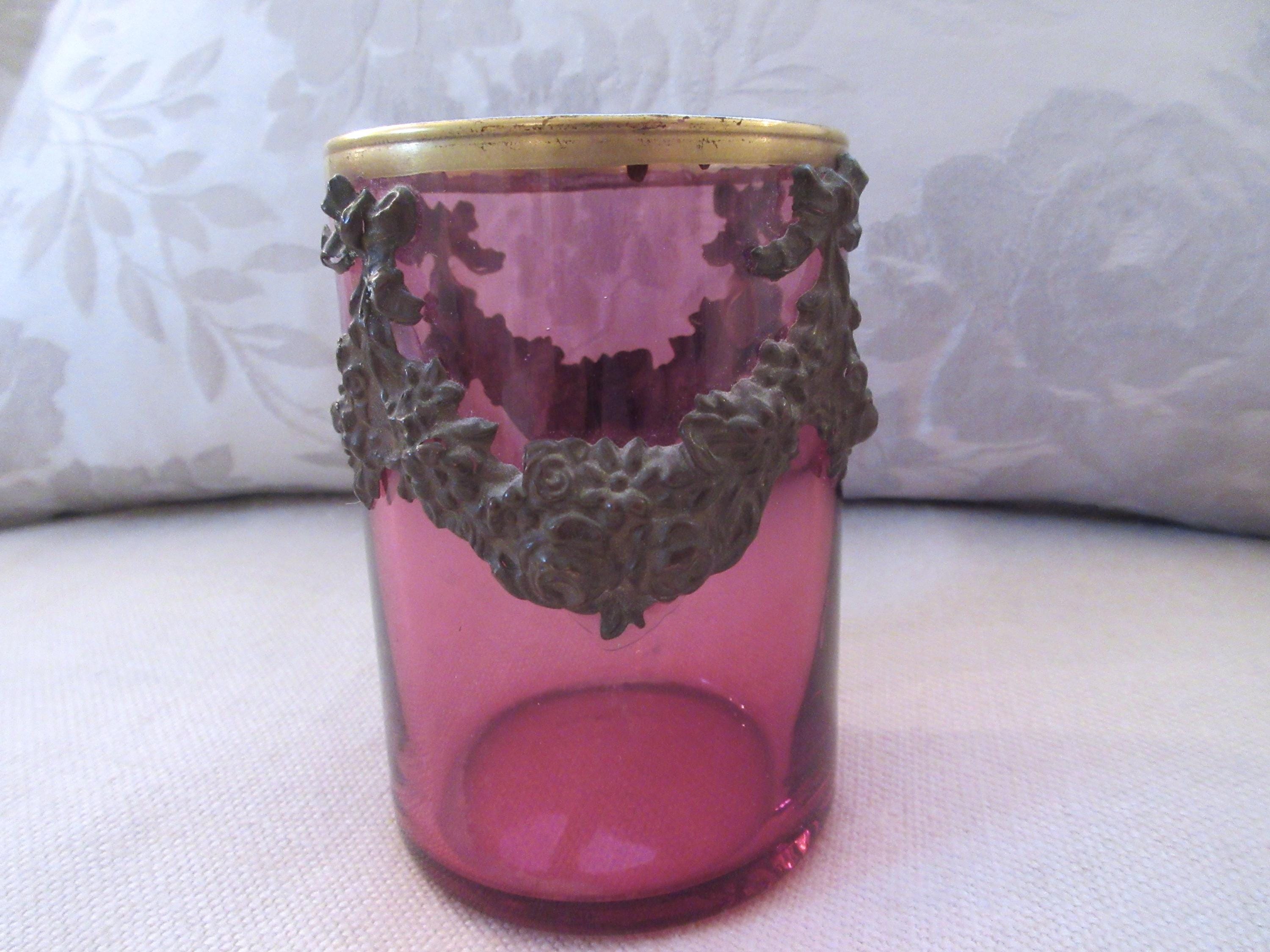 Antique French Barbola Bows Roses Swags Pink Glass Vase