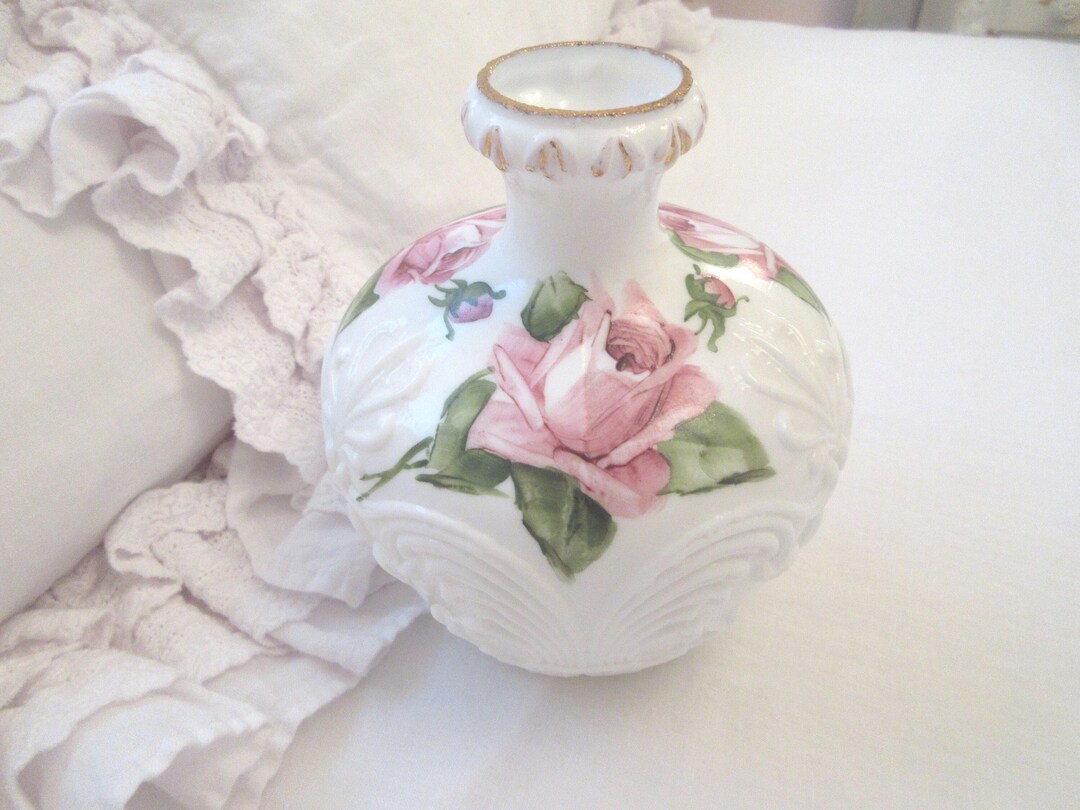 Antique Hand Painted Pink Roses Milk Glass Vase Shabby Chic - Etsy