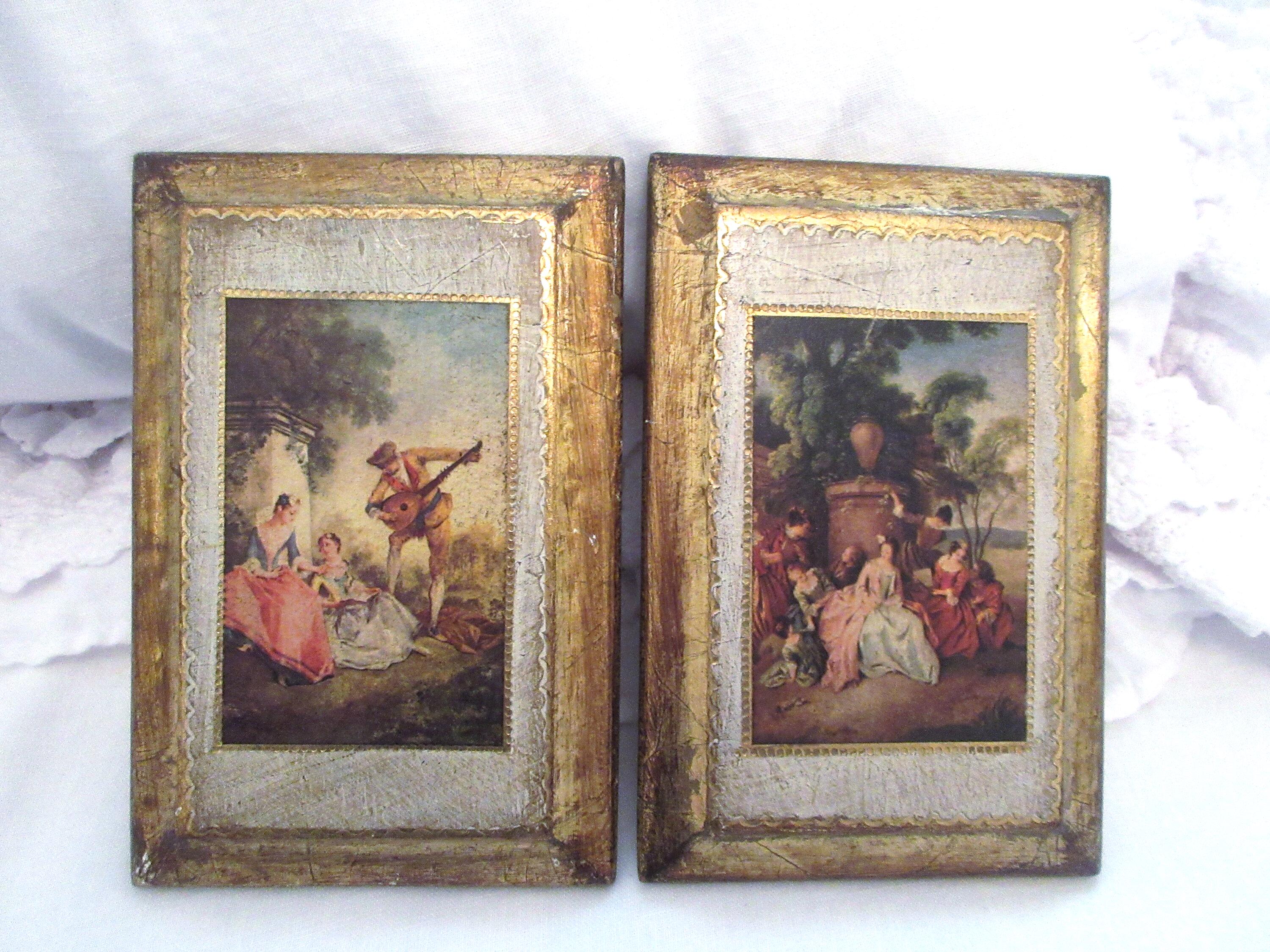 Antique Pair Italian Florentine Wooden Wall Plaques With French Scene ...