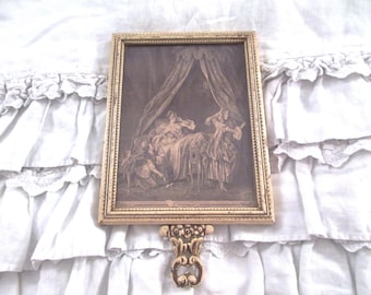 Antique French Wooden Vanity Display Mirror With Ornate Roses Handle