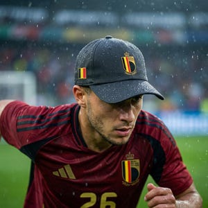 May include: A dark grey baseball cap featuring the Belgian national football team crest on the front and a small Belgian flag patch on the side. The cap is covered in light water droplets, indicating a rainy environment during an outdoor event.