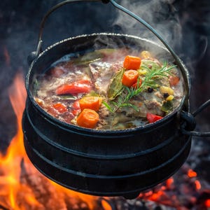 May include: A black cast iron pot with a metal handle suspended over an open fire. The pot contains a stew with visible orange carrot slices, red tomato pieces, green herbs, and dark peppercorns, with steam rising from the hot liquid.