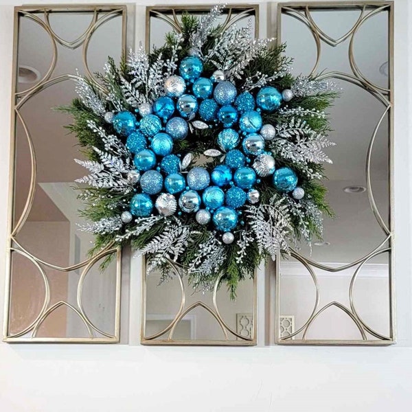 Christmas Wreath, Shatterproof Ball Ornament Wreath, Merry and Bright Wreath, Snowflake Wreath, Evergreen Christmas Wreath for Front Door