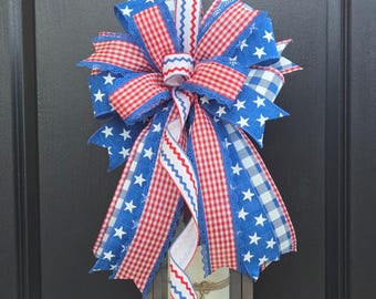 July 4th Patriotic Wreath Bow, Lantern Red, White & Blue Star Stripe - Memorial Day Decor