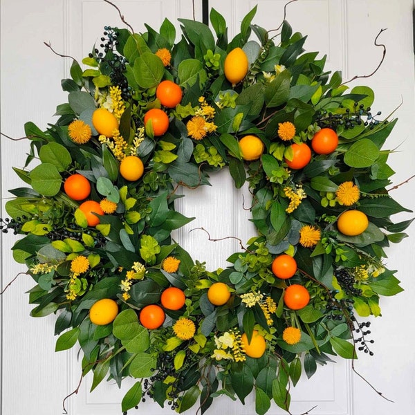 XL Orange/Lemon/Blueberry Wreath, Spring Summer Wreath, Citrus Wreath, Fruit Wreath, Farmhouse Wreath, Grapevine Wreath for Front Door