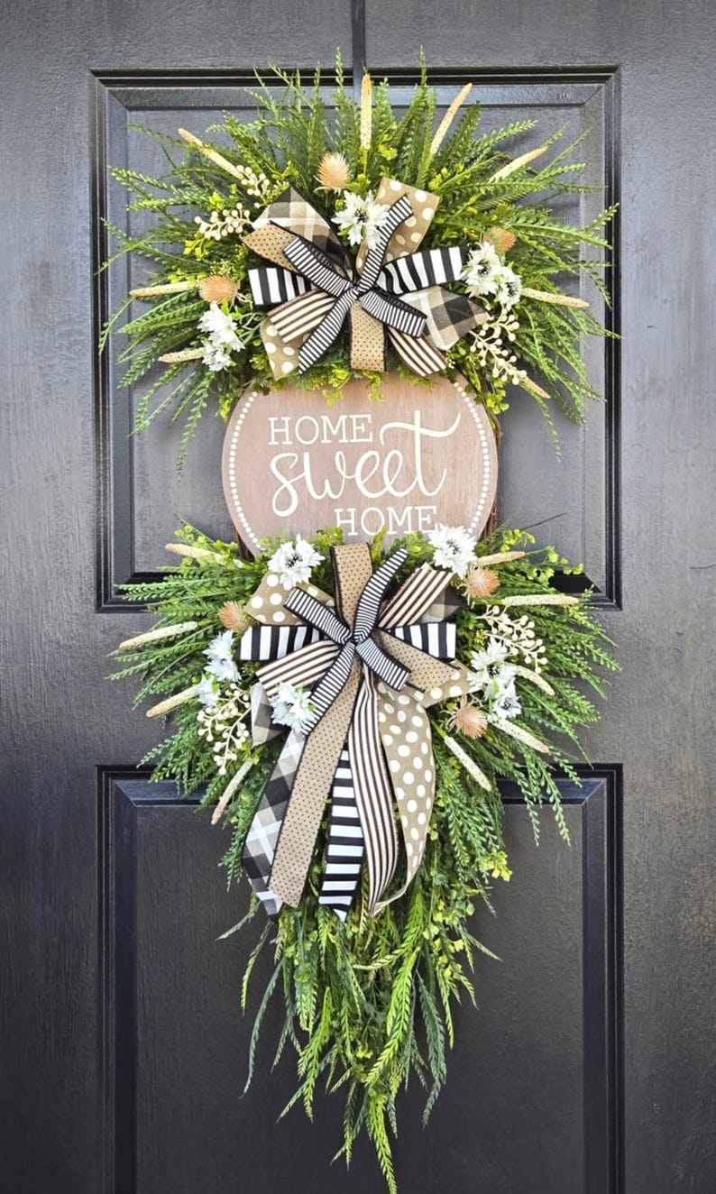 Year-Round Beaded Grass Swag for Front Door, Everyday Cascading Sawgrass Wreath, Home Sweet Home, Spring-Summer-Fall-Winter Grapevine Wreath image 1