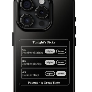 May include: A black phone case with a white graphic that says "Tonight's Picks" and has three rows of text with numbers, the words "Higher" and "Lower", and a final row that says "Payout = A Great Time".