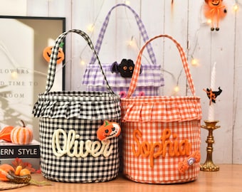 Halloween Basket Ruffle Personalized,Plaid Trick or Treat Bag with Custom Name,Halloween Candy Bucket for Kids,Halloween Storage Basket Gift