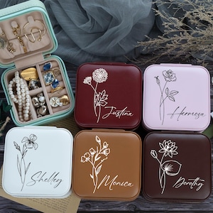 Portagioie da viaggio personalizzato, portagioie in pelle con fiori di nascita per damigelle d'onore, bomboniere personalizzate per matrimoni, regali per proposte di matrimonio