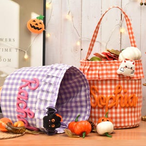 Halloween Basket Ruffle Personalized,Plaid Trick or Treat Bag with Custom Name,Halloween Candy Bucket for Kids,Halloween Storage Basket Gift image 9