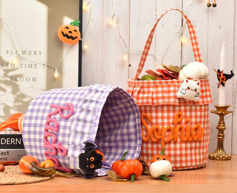 Halloween Basket Ruffle Personalized,Plaid Trick or Treat Bag with Custom Name,Halloween Candy Bucket for Kids,Halloween Storage Basket Gift image 9