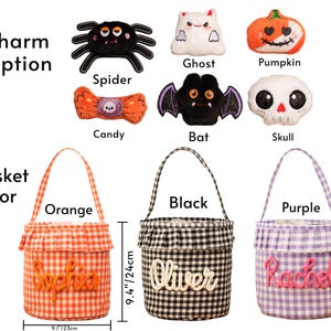 May include: Three gingham fabric baskets in orange, black, and purple, each 9.4 inches tall and 9.1 inches wide, featuring personalized names and a selection of plush charms including a spider, ghost, pumpkin, candy, bat, and skull.