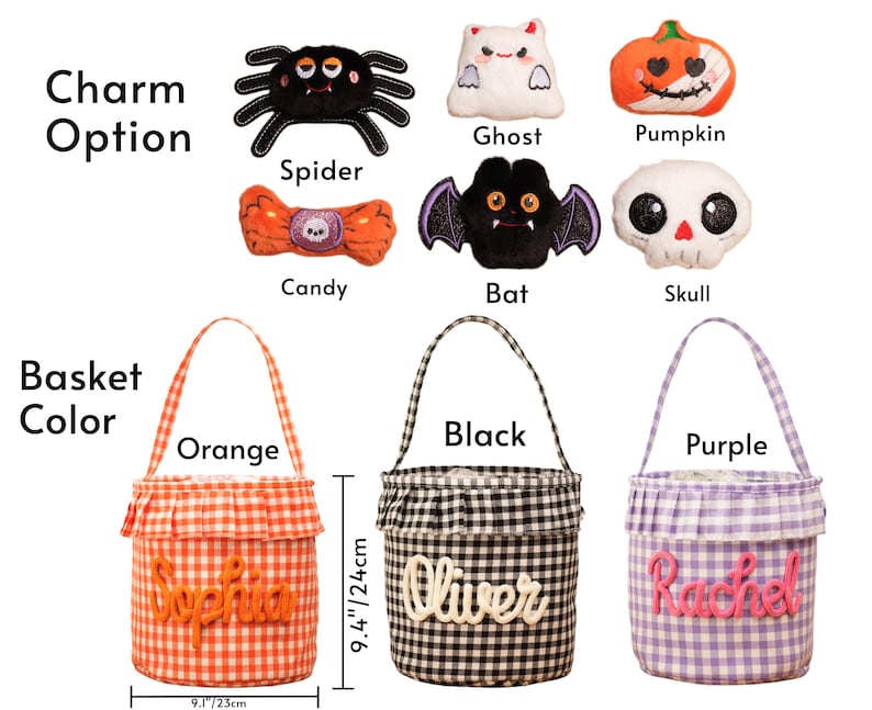 May include: Three gingham fabric baskets in orange, black, and purple, each 9.4 inches tall and 9.1 inches wide, featuring personalized names and a selection of plush charms including a spider, ghost, pumpkin, candy, bat, and skull.