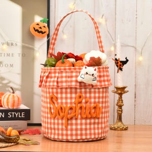 Halloween Basket Ruffle Personalized,Plaid Trick or Treat Bag with Custom Name,Halloween Candy Bucket for Kids,Halloween Storage Basket Gift image 3