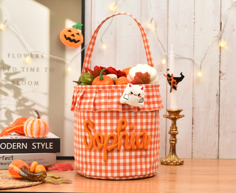 Halloween Basket Ruffle Personalized,Plaid Trick or Treat Bag with Custom Name,Halloween Candy Bucket for Kids,Halloween Storage Basket Gift image 3
