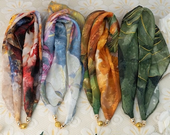 Pañuelos florales de seda satinada, pañuelos estampados, pañuelos bohemios, accesorios para bolsos, turbantes magnéticos, pañuelos para bolsos, regalos para profesores.