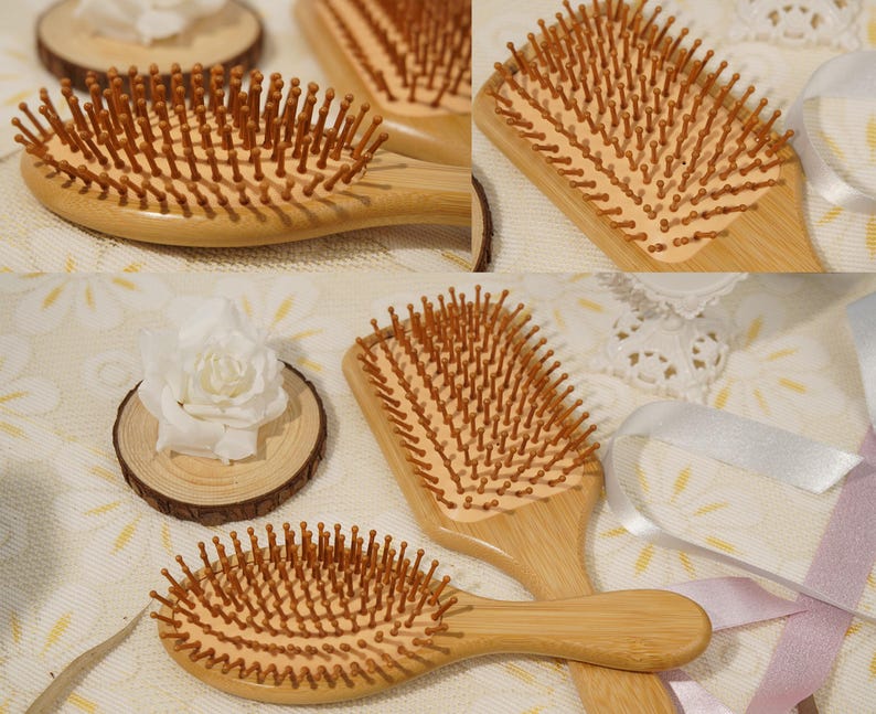 May include: Wooden hairbrushes with light brown bristles and handles. The brushes have a rectangular and oval shape. The bristles are evenly spaced and appear to be made of wood. The handles are smooth and curved for easy grip.