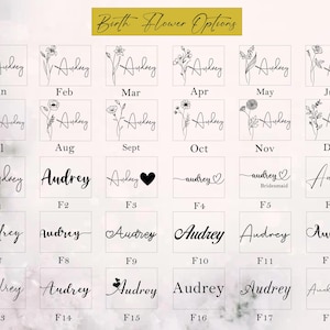 May include: A selection of personalized name designs with floral and heart accents. The name "Audrey" is displayed in various fonts and styles, with birth flower illustrations for each month. The text "Birth Flower Options" is at the top.