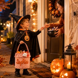 May include: A cylindrical fabric trick-or-treat bucket featuring a red and white gingham pattern with the name Sophia embroidered in orange script on the front. The bucket has a sturdy handle and a small white ghost-shaped plush attached to the rim.