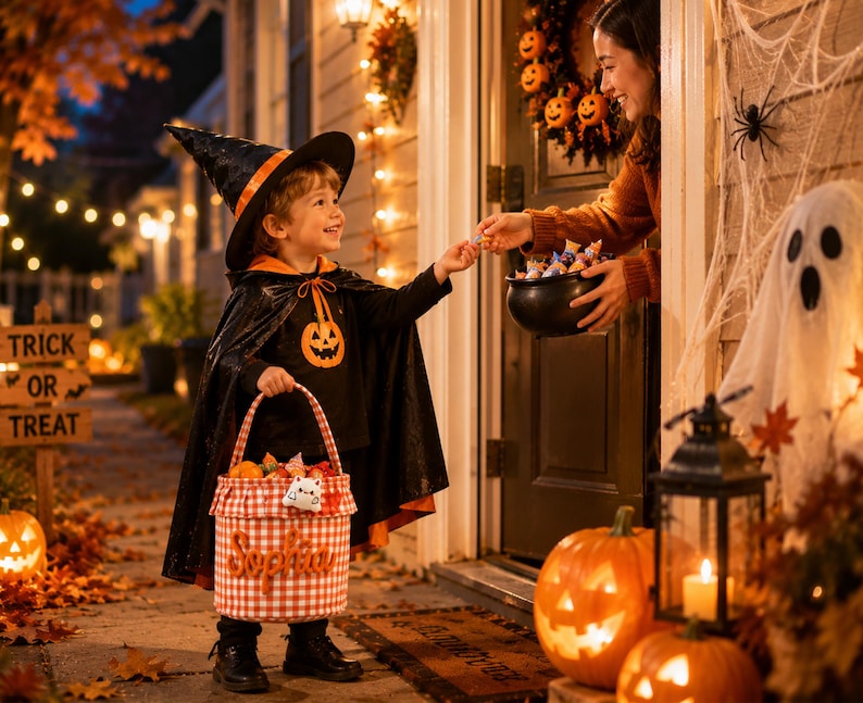 May include: A cylindrical fabric trick-or-treat bucket featuring a red and white gingham pattern with the name Sophia embroidered in orange script on the front. The bucket has a sturdy handle and a small white ghost-shaped plush attached to the rim.