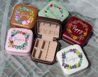 Custom Leather Travel Jewelry Box with Floral Name,Personalized Bridesmaid Gift ,Leather Jewelry Case for Her ,Christmas Wedding Gift