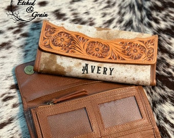 Women's Custom Branded Cowhide Wallet | Tooled Leather & Cowhide Checkbook Wallet | Western Women's Wallet | Mother's Day | Gift for Her