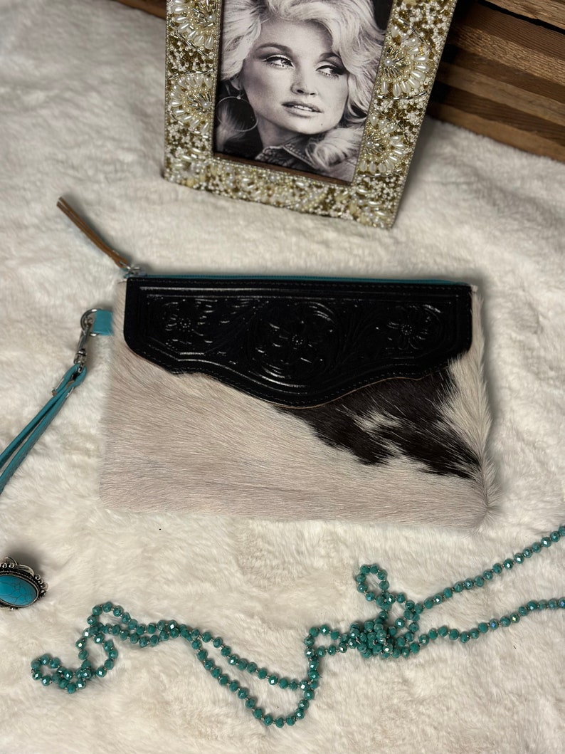 Branded Cowhide Wristlet Wallet Personalized Tooled Leather & Cowhide Phone Purse Western Women's Wallet Mother's Day Gift for Her image 3