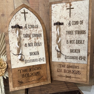 A Cord of Three Strands Cowhide Sign | Custom Wedding Ceremony Sign | Branded Cowhide Wedding Sign | Western Wedding | Handmade