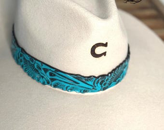 Hat Band | Floral Tooled Leather | Cowboy Hat Band | Cowgirl Hat Band | Handmade Hat Band | Leather Hat Band | Turquoise | Christmas Gift