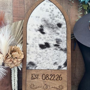 Branding Cowhide Arch Framed Sign | 18 3/4” Fully Customizable Cowhide Sign | Western Bedroom Decor | Wedding Ceremony Branding Cowhide Sign