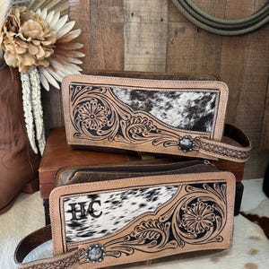 Tooled Leather & Cowhide Toiletry Bag | Men's Dopp Kit | Groomsmen Gift | Gift for Dad | Christmas Gift For Him | Father's Day Gift