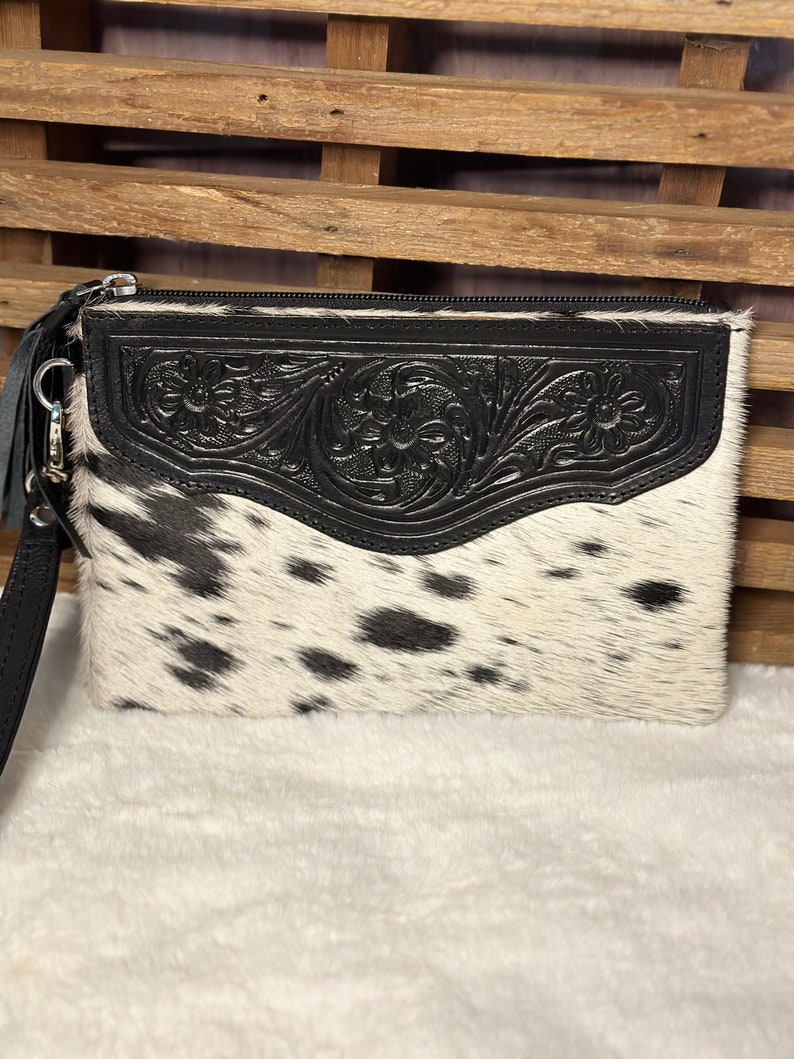 Branded Cowhide Wristlet Wallet Personalized Tooled Leather & Cowhide Phone Purse Western Women's Wallet Mother's Day Gift for Her Option C