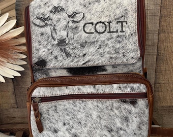 Mini Personalized Cowhide Backpack | Custom Branded Travel Backpack | Diaper Bag Backpack | Cowhide Travel Bag | Back to School Backpack