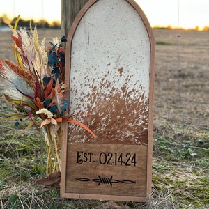 Branding Cowhide Arch Framed Sign | 25&quot; Fully Customizable Cowhide Sign | Western Bedroom Decor | Wedding Ceremony Branding Cowhide Sign