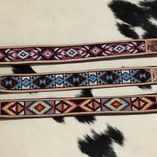 Leather Beaded Dog Collar | Beaded Aztec Dog Collar | Tooled Beaded Dog Collar | Multiple Sizes Available | Handcrafted Gift for Dogs