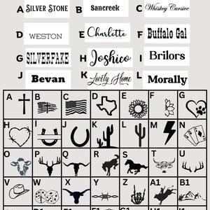 May include: A design bar chart featuring twelve font options labeled A through L, followed by a grid of forty-five black icons labeled A through I1, including symbols like a cross, flag, heart, cactus, animals, and various western-themed graphics.