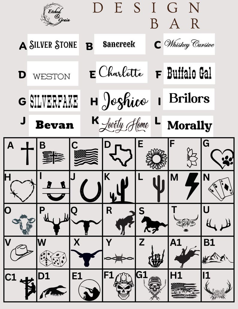 May include: A design bar chart featuring twelve font options labeled A through L, followed by a grid of forty-five black icons labeled A through I1, including symbols like a cross, flag, heart, cactus, animals, and various western-themed graphics.