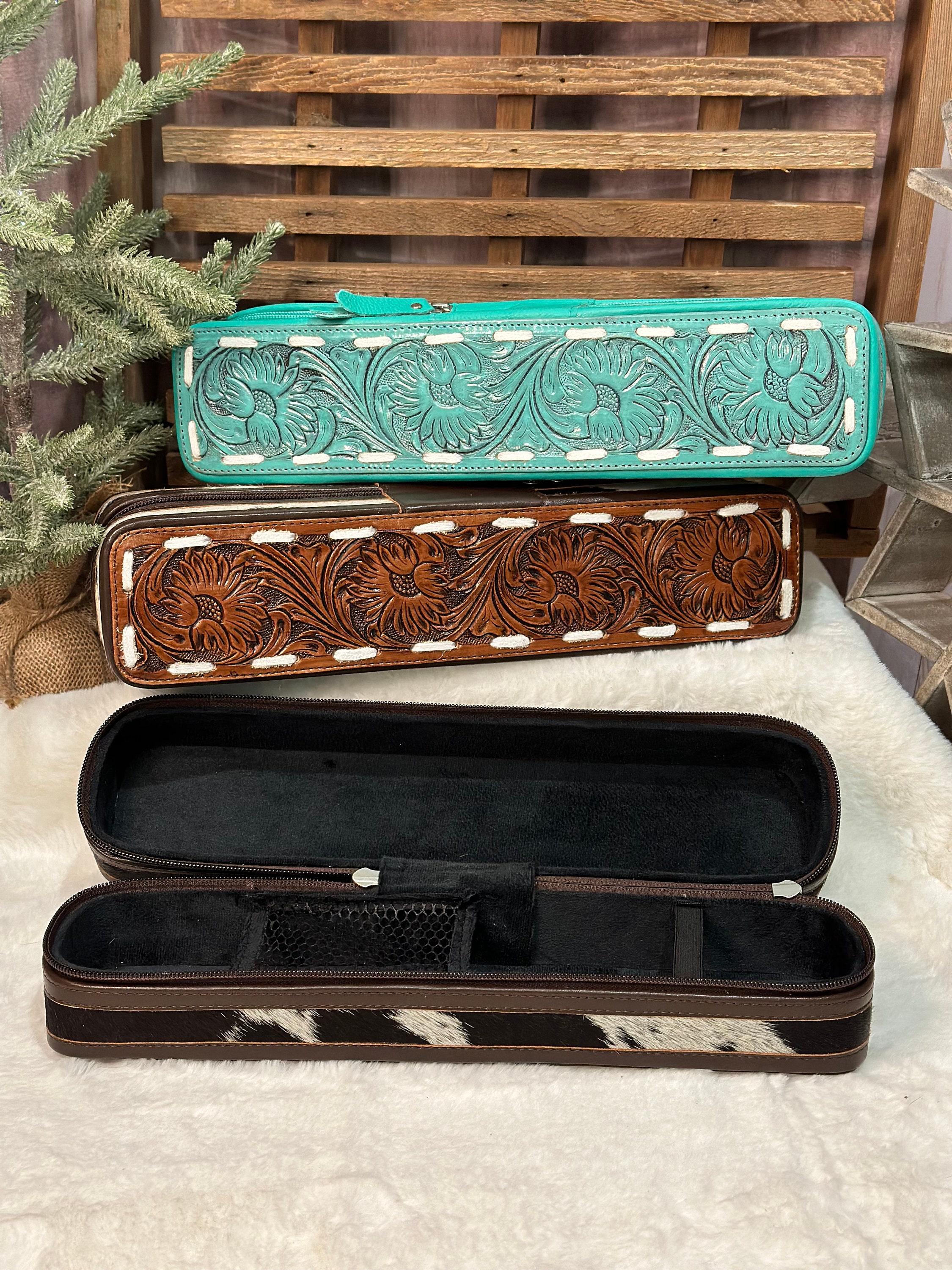 Tooled Leather & Cowhide Hot Hair Tool Case. Case only Hair Tool Travel Case | Cowhide and Leather Hot Iron Travel  main image 4