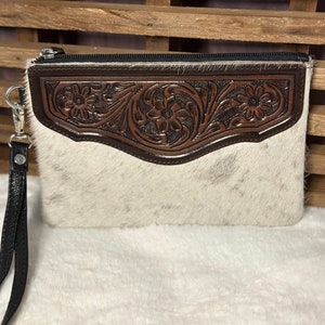 Branded Cowhide Wristlet Wallet Personalized Tooled Leather & Cowhide Phone Purse Western Women's Wallet Mother's Day Gift for Her Option B