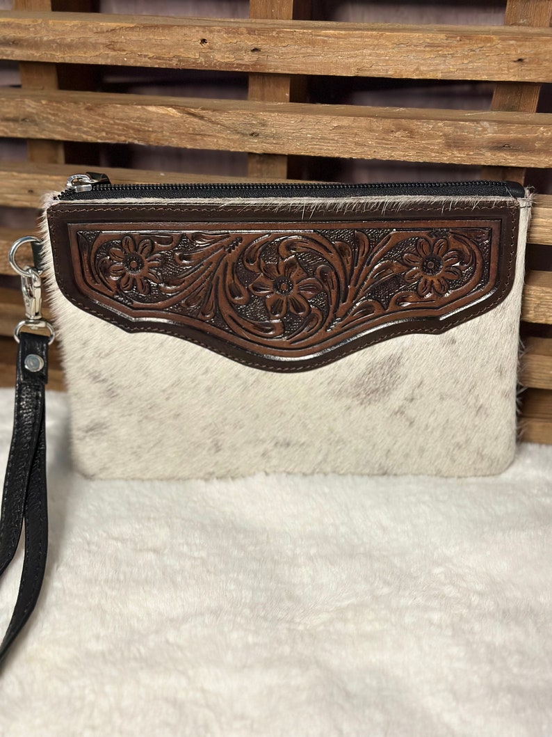 Branded Cowhide Wristlet Wallet Personalized Tooled Leather & Cowhide Phone Purse Western Women's Wallet Mother's Day Gift for Her Option B